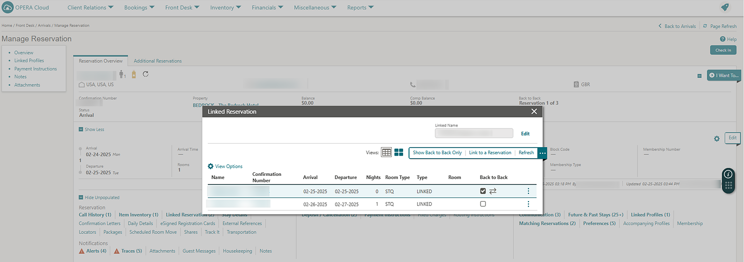 The Manage Reservation screen shows linked reservations.