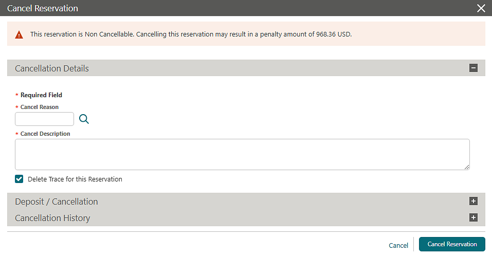 The Cancel Reservations screen displays cancellation penalty warnings. The Cancel Reservations screen displays cancellation penalty warnings.