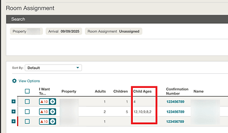 Child ages column shown in the Room Assignment screen search results.