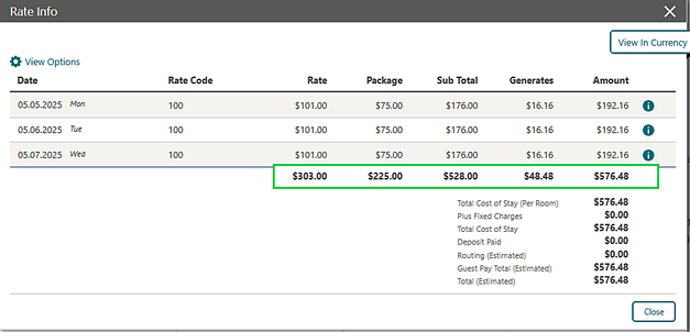 Rate Info screen showing new subtotals summary line.