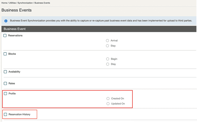 The Business Events page showing the ne Created On and Updated On options and the Reservation History Business Event.