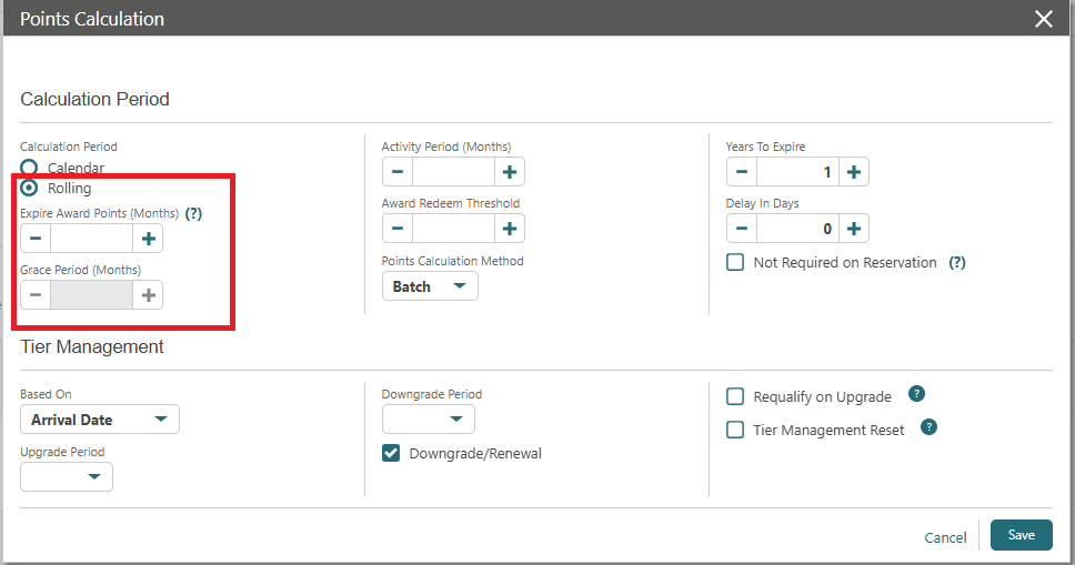 The Points Calculation screen showing a blank Rolling calculation field and disabled Grace Period field.