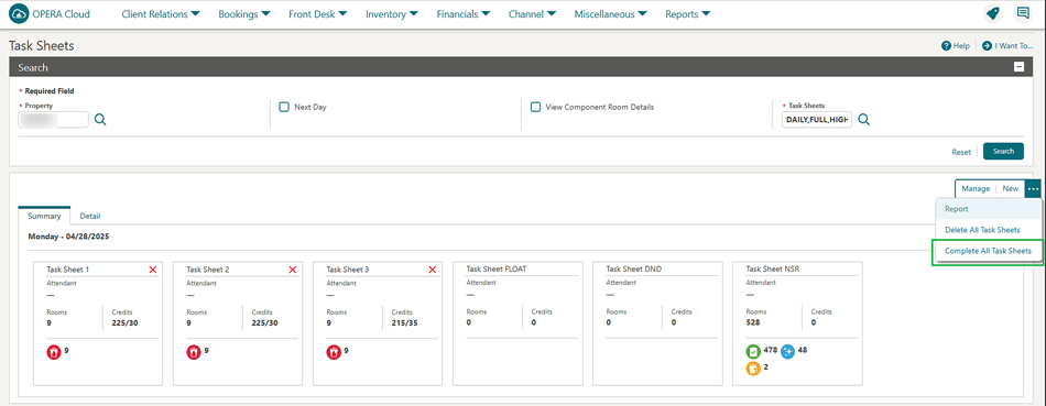 Task Sheets page with 'Complete All Task Sheets' option.