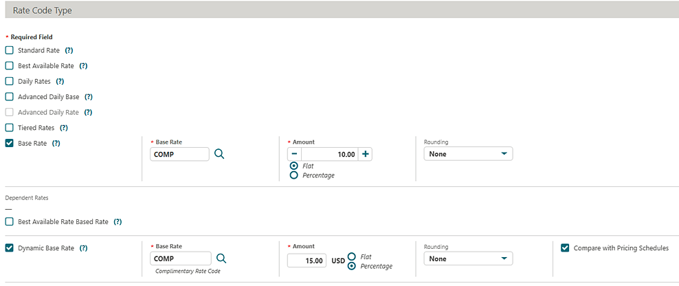 Rate Code Type screen showing both Base Rate and Dynamic Base Rate selected.