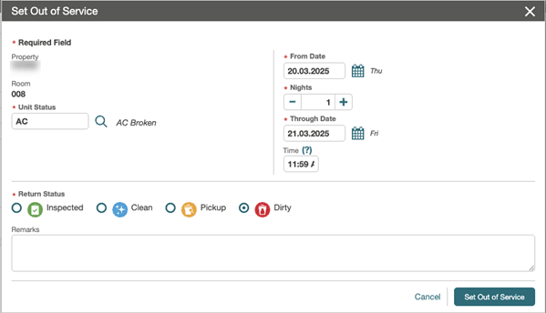 The Set Out of Service page with the (return) Time field.