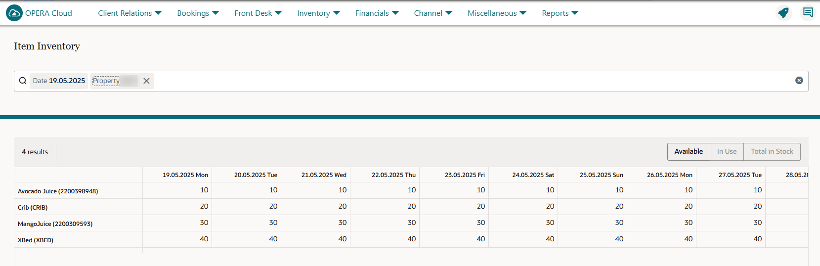The Item Inventory screen showing example inventory items juice and crib and their inventory numbers per day over 9 days.