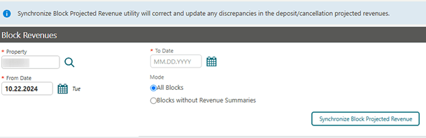 Block Revenues page with the Synchronize Block Projected Revenue button.