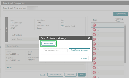 Send Assistance Message popup screen with "Send Location" rename.