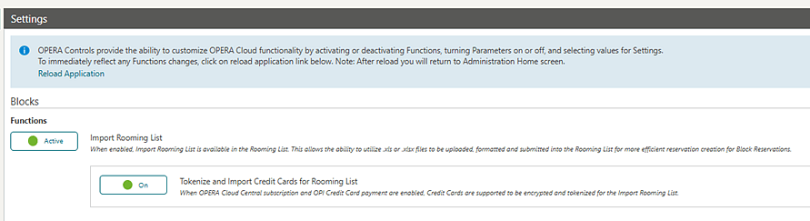 The Import Rooming List OPERA Control activated, and the Tokenize and Import Credit Cards for Rooming List parameter On.