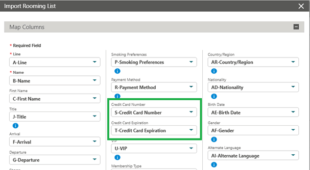 The Map Columns screen showing the Credit Card Number and Credit Card Expiration column fields.