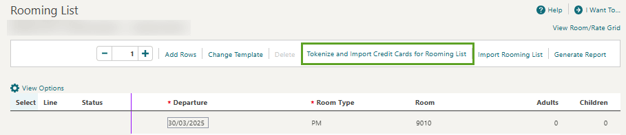 The Rooming List page showing the Tokenize and Import Credit Cards for Rooming List option.