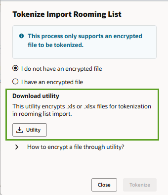 The Tokenize Import Rooming List screen highlighting the Download Utility option.