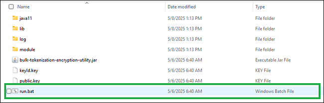 Windows explorer showing the utility download run.bat file.