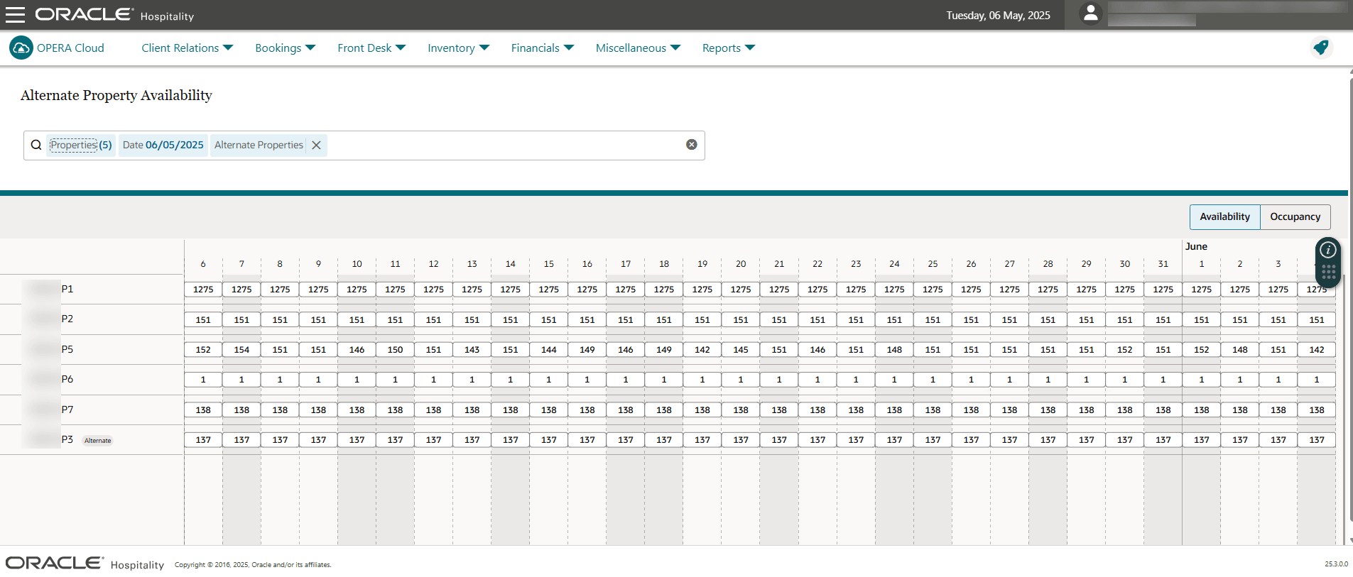 Alternate Property Availability screen showing availability numbers for several properties plus one alternate property.
