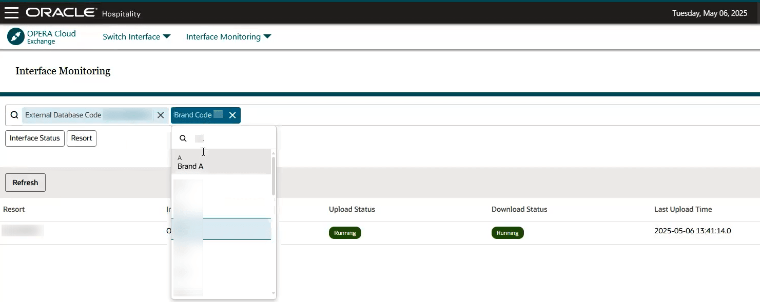 The Interface Monitoring screen showing the External Database Code and Brand Code chips.