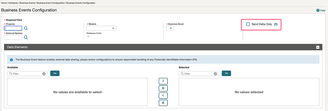 The Business Events Configuration screen showing the new Send Delta Only checkbox.