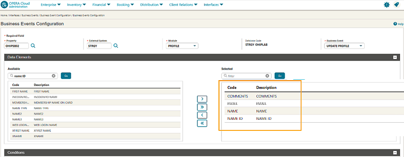 The Business Events Configuration screen showing the 4 data elements selected.