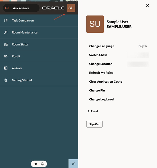 OPERA Cloud Mobile showing Ask Oracle field, User menu icon, and user menu screen.