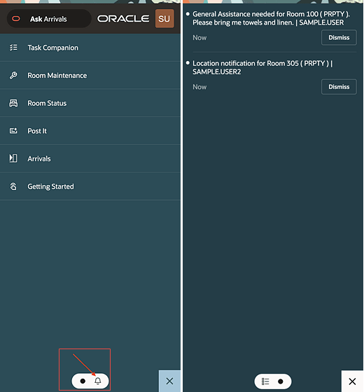OPERA Cloud Mobile showing the notification bell icon at bottom of screen and sample notifications.