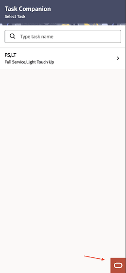 OPERA Cloud Mobile in Task Companion screen with Ask Oracle logo icon at bottom of screen.