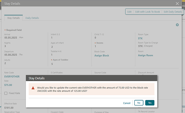 Stay Details message popup prompt example.