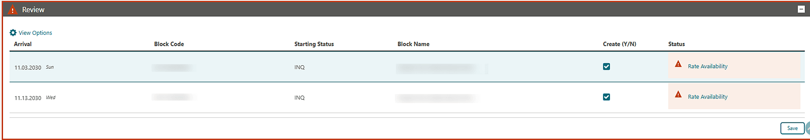 The Review panel shows the Rate Availability status warning.