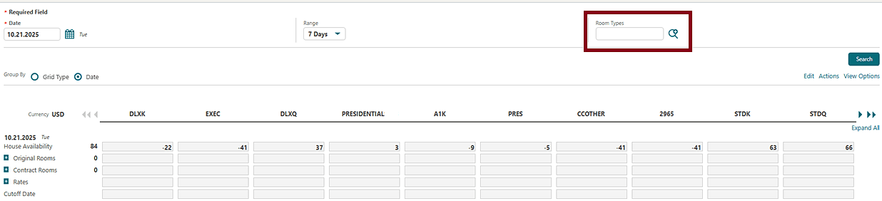 New Room Types filter in the room/rate grid.