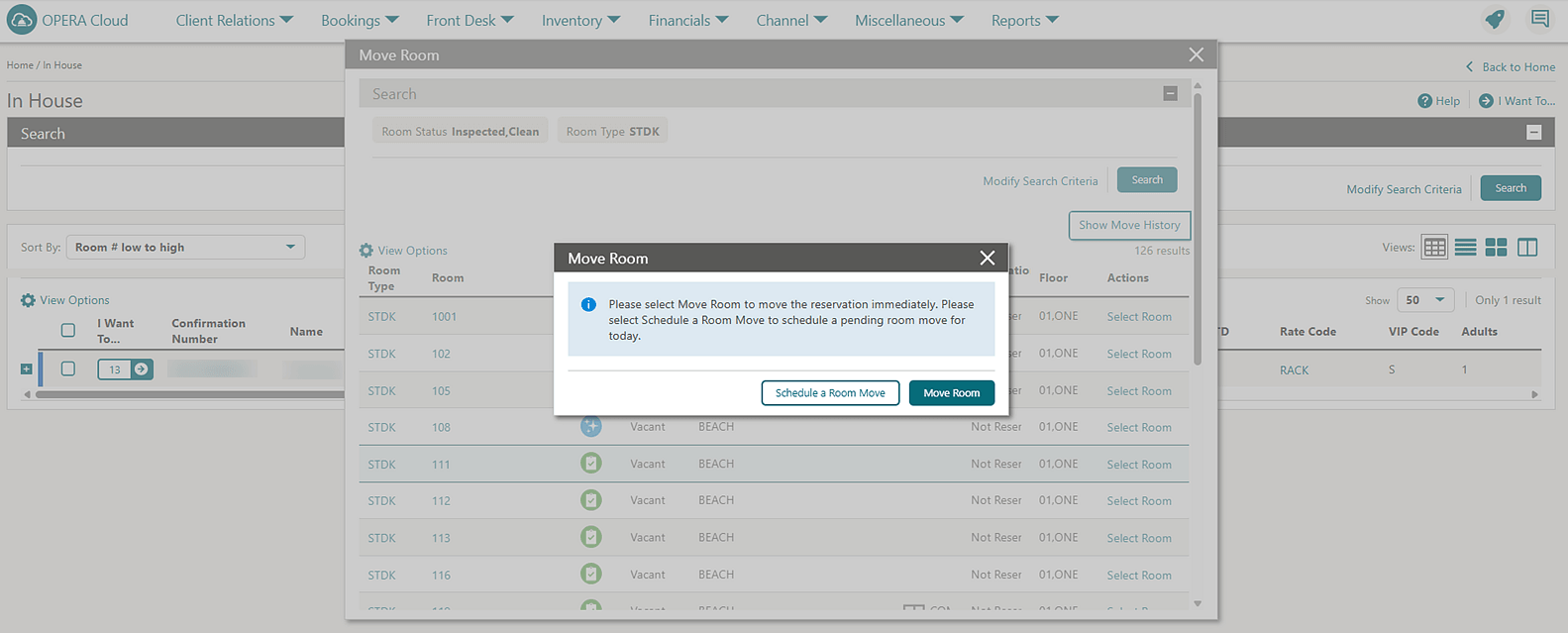 In House Move Room screen prompting to room move immediately or schedule a room move for the current date.