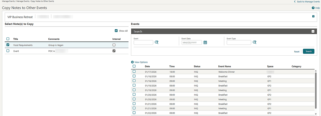 Copy Notes to Other Events screen with Food Requirements note selected for copy.