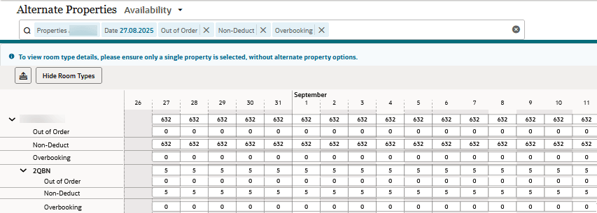 The Alternate Properties Availability screen showing OOO, Non-Deduct, and Overbooking totals for September.