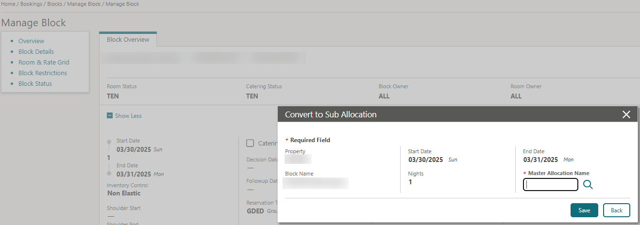 Convert to Sub Allocation screen with mandatory Master Allocation Name field.
