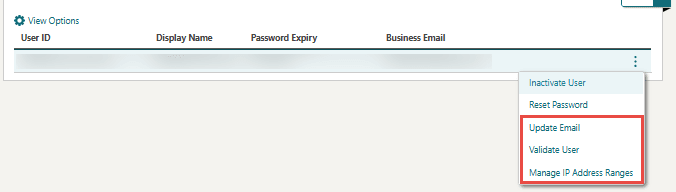 The actions menu showing Update Email, Validate User, and Manage IP Address Ranges options.