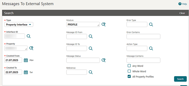 The Messages to External System screen showing the All Property Profiles checkbox.