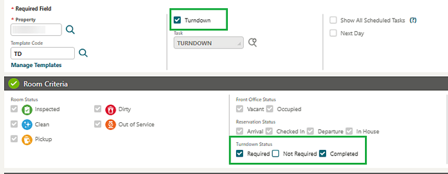The Generate Task Sheets screen showing the Turndown checkbox selected and the Turndown Status Required and Completed checkboxes selected.
