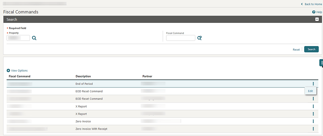 Image shows the Fiscal Commands screen. Image shows the Fiscal Commands screen.