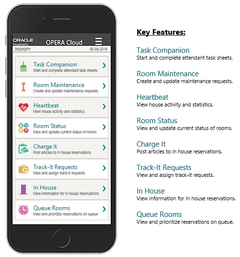 This image is of a smartphone showing the OPERA Cloud Mobile application home screen and the list of key functions: Task Companion, Room Maintenance, Heartbeat, Room Status, Charge It, Track-It Requests, In House, Queue Rooms. This image is of a smartphone showing the OPERA Cloud Mobile application home screen and the list of key functions: Task Companion, Room Maintenance, Heartbeat, Room Status, Charge It, Track-It Requests, In House, Queue Rooms.