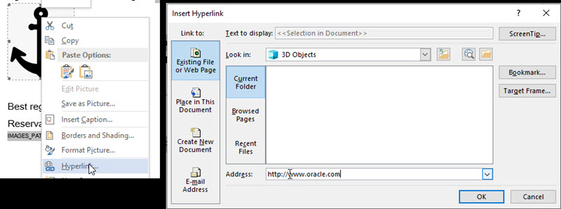 This figure shows the insert Hyperlink option for inserting a link in the template. This figure shows the insert Hyperlink option for inserting a link in the template.