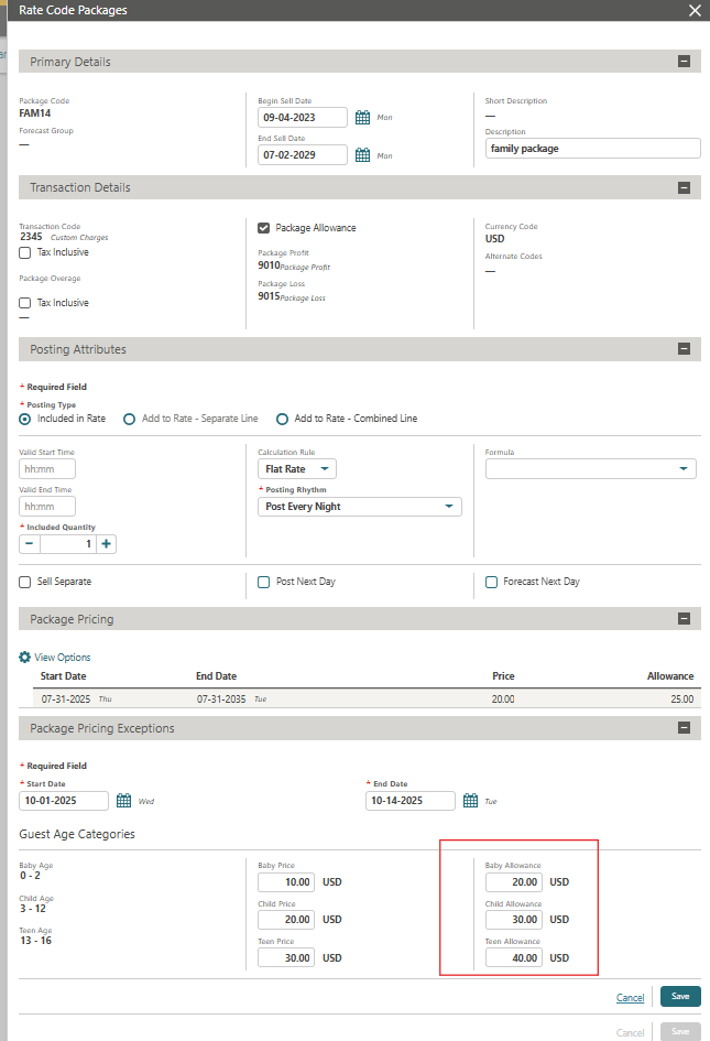 The package pricing exceptions by guest age on the Rate Code Packages screen. The package pricing exceptions by guest age on the Rate Code Packages screen.