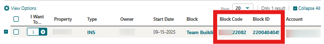 Table view showing Block Code and Block ID as hyperlinks. Table view showing Block Code and Block ID as hyperlinks.