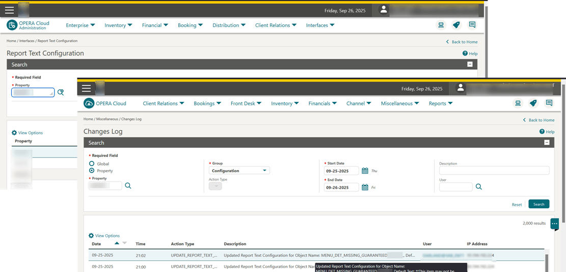 The Changes Log showing the Action Type and Description for updated report text configuration. The Changes Log showing the Action Type and Description for updated report text configuration.