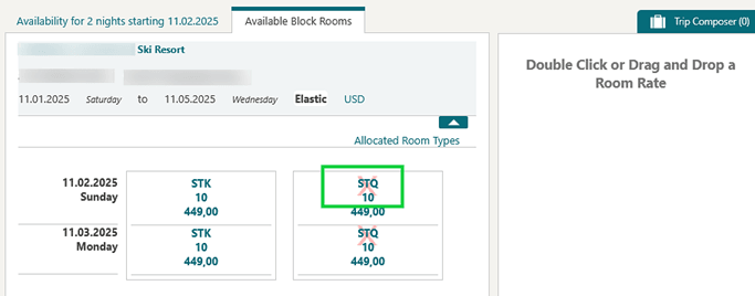 Available Block Rooms tab showing a block restriction indicator (red X) within the restricted room combination in the grid. Available Block Rooms tab showing a block restriction indicator (red X) within the restricted room combination in the grid.