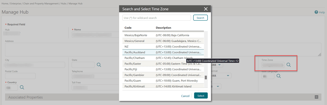 The Manage Hub screen showing all available time zones list. The Manage Hub screen showing all available time zones list.