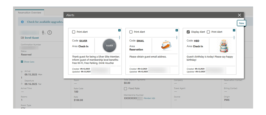 The Reservation Overview Alerts screen showing the following alerts with icons: Silver member, obtain an email, and Happy Birthday cake. The Reservation Overview Alerts screen showing the following alerts with icons: Silver member, obtain an email, and Happy Birthday cake.