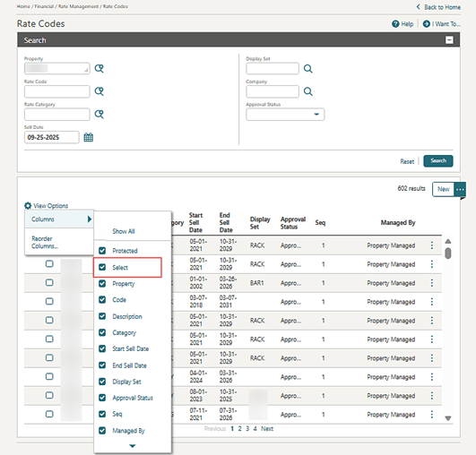The Rate Codes search results Select view option. The Rate Codes search results Select view option.