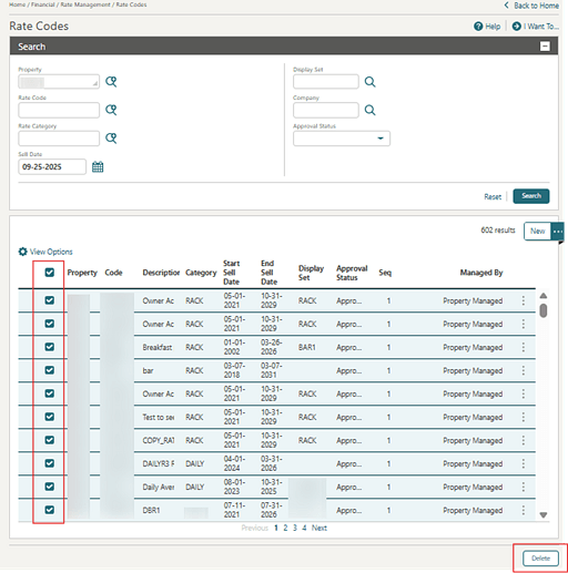 The Rate Codes search results showing all records selected. The Rate Codes search results showing all records selected.
