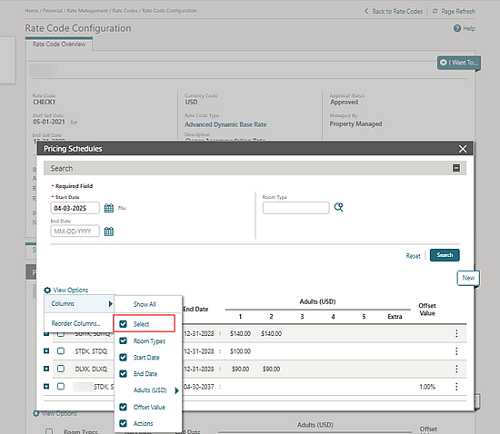 The Pricing Schedules search results Select view option. The Pricing Schedules search results Select view option.