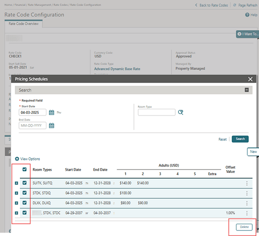 The Pricing Schedules search results showing all records selected. The Pricing Schedules search results showing all records selected.