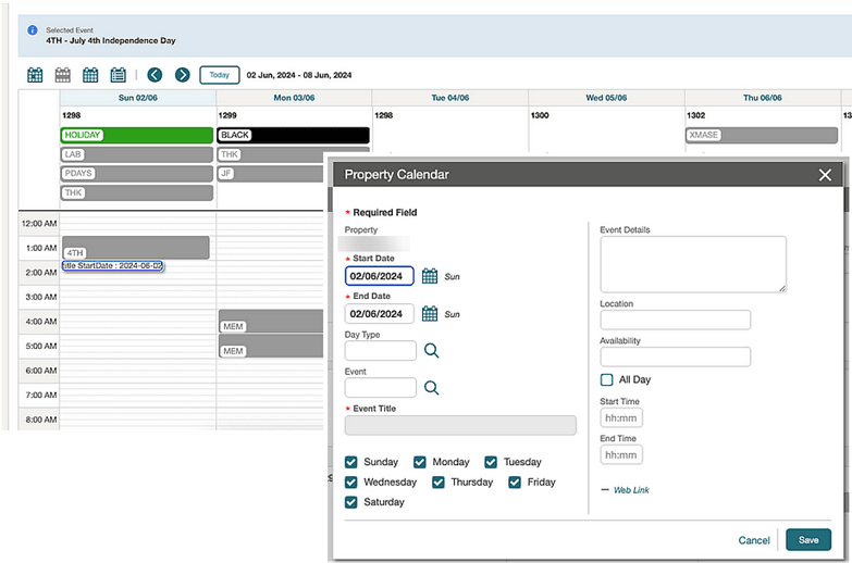 Property Calendar showing the Event Title, Event Details, Time, Link, Location, and Availability fields. Property Calendar showing the Event Title, Event Details, Time, Link, Location, and Availability fields.