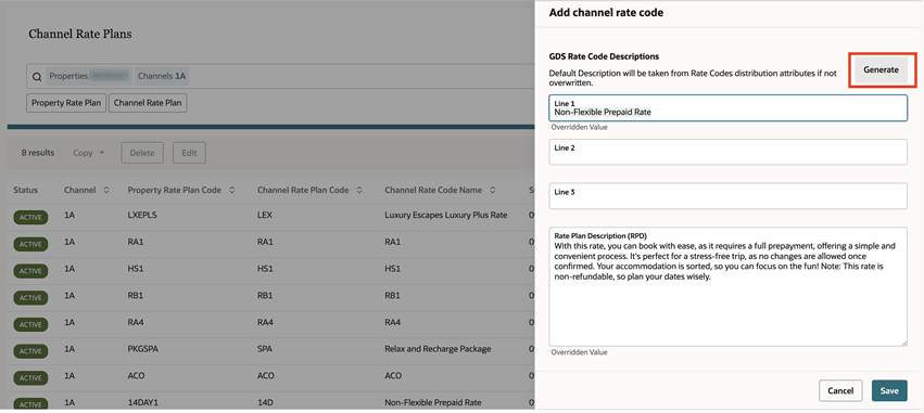 Channel Rate code description showing the Generate button. Channel Rate code description showing the Generate button.