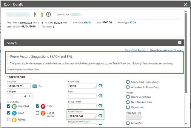 The AI search text suggestion and autopopulated room features BEACH and BAL The AI search text suggestion and autopopulated room features BEACH and BAL